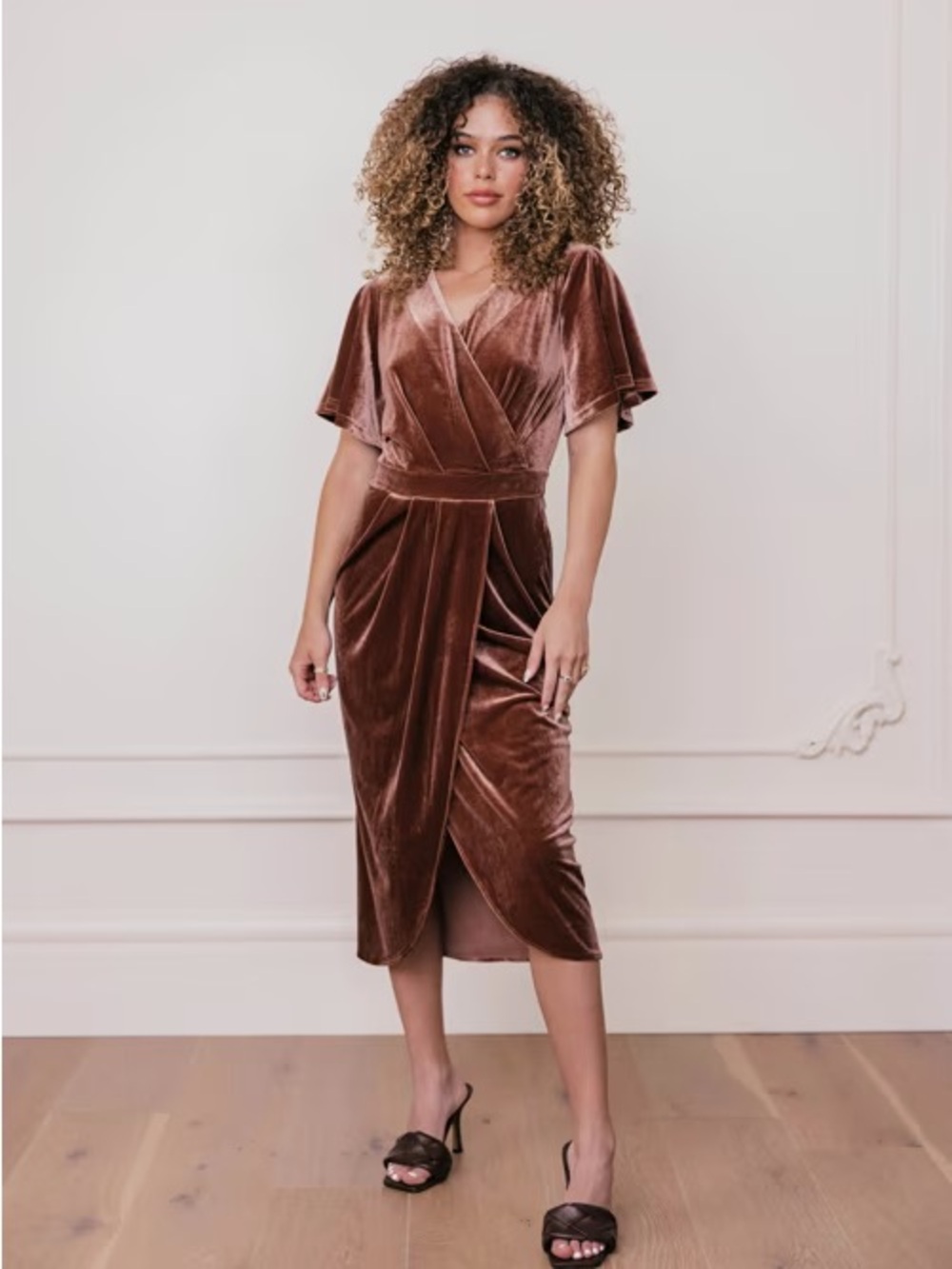 JessaKae Northward Copper Velvet Wrap Midi Dress